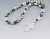 Pocket Rosary, Green Tree Agate with Quartz Gemstones, Episcapol Prayer Beads