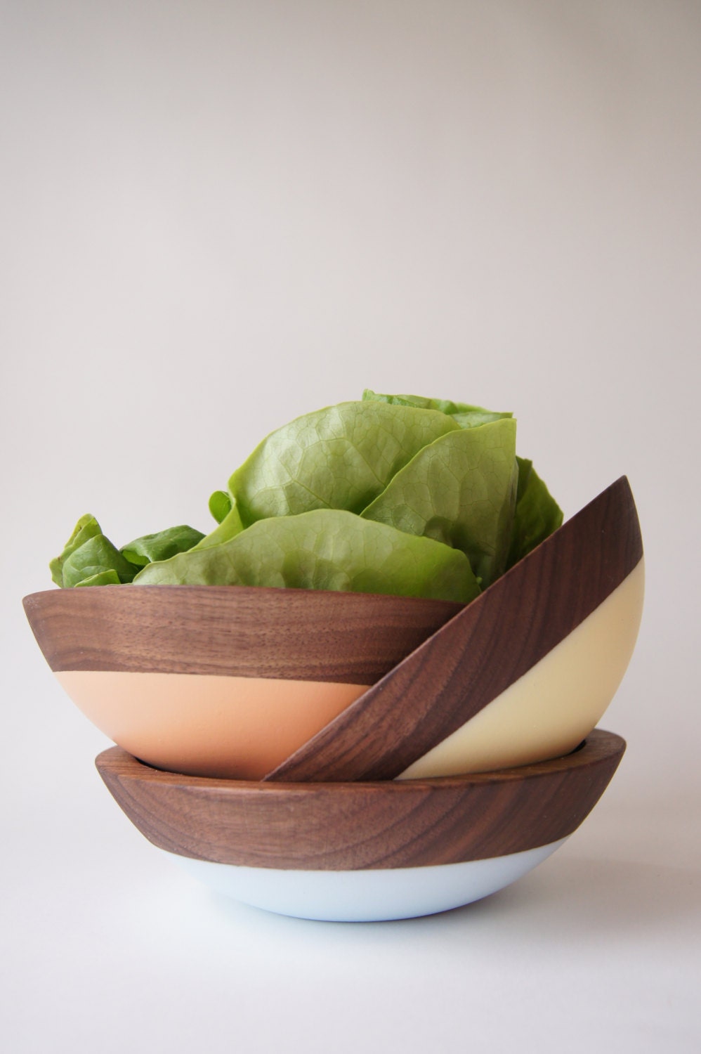 Wooden Salad Bowl, 7" Set of 3, Yellow, Peach, Blue, Salad Bowl, Spring Party, Mothers Day WALNUT WOOD