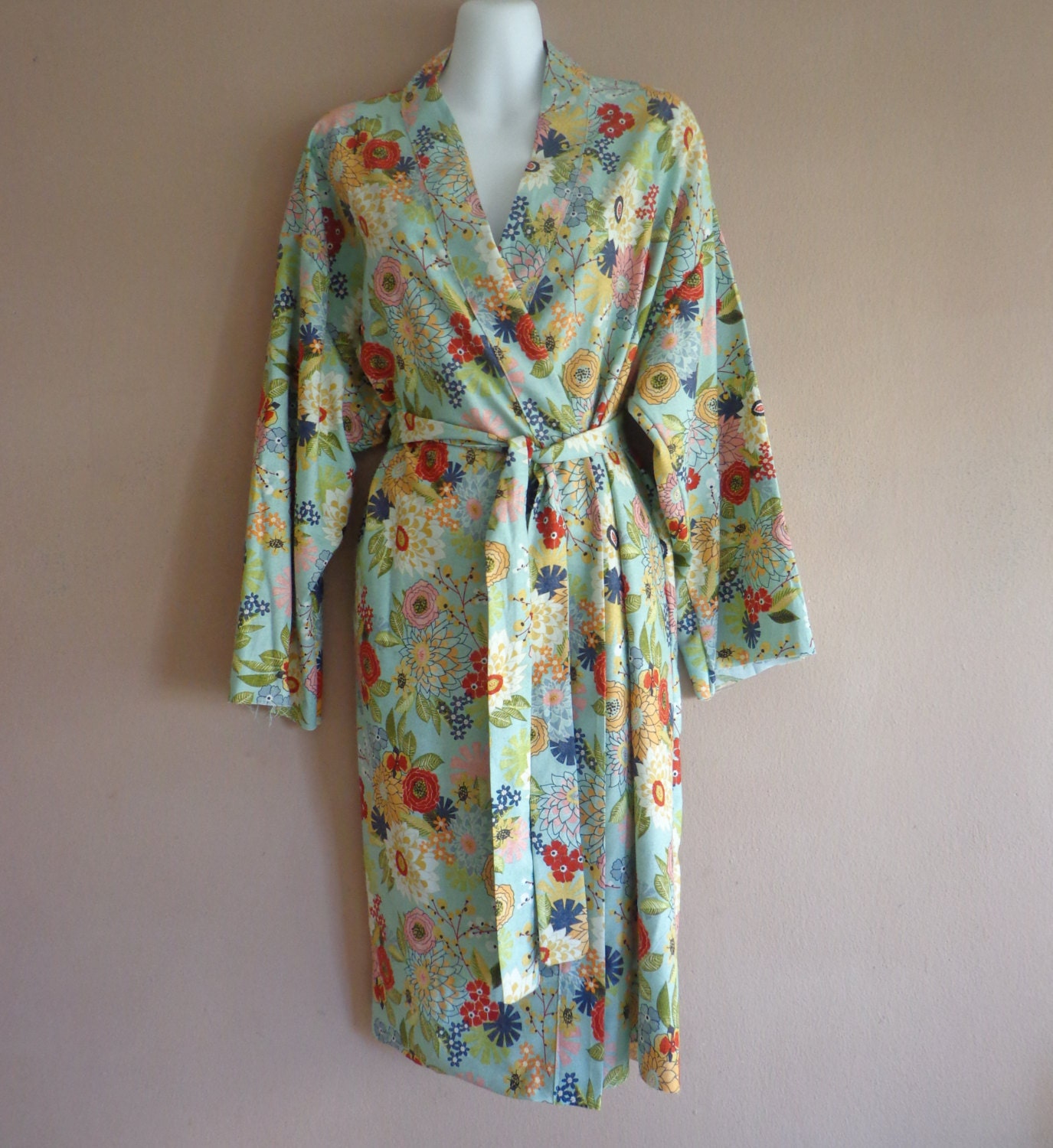 Kimono robe fabric designer Basicgrey cotton 100% handmade Light blue.