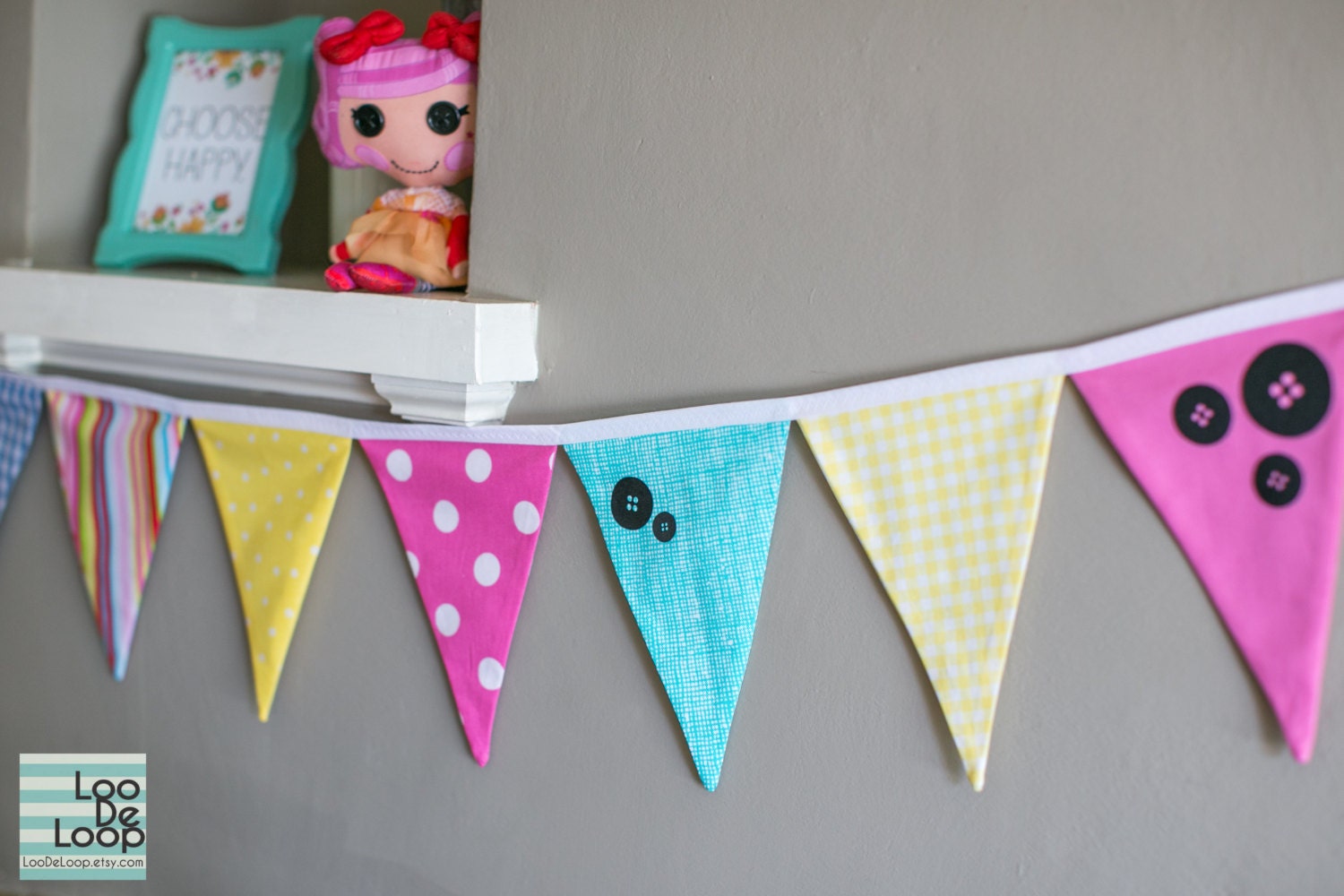 Lalaloopsy Birthday Fabric Bunting Banner in gingham, stripes, dots, pink, yellow, turquoise