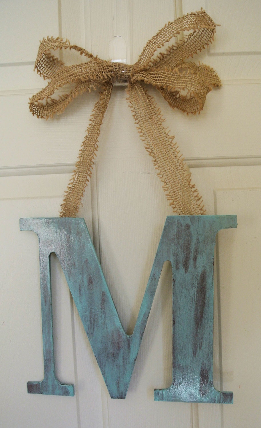Shabby Chic 12" Wood Monogram Cottage Chic Home Decor Pick your color and Letter with Burlap Ribbon