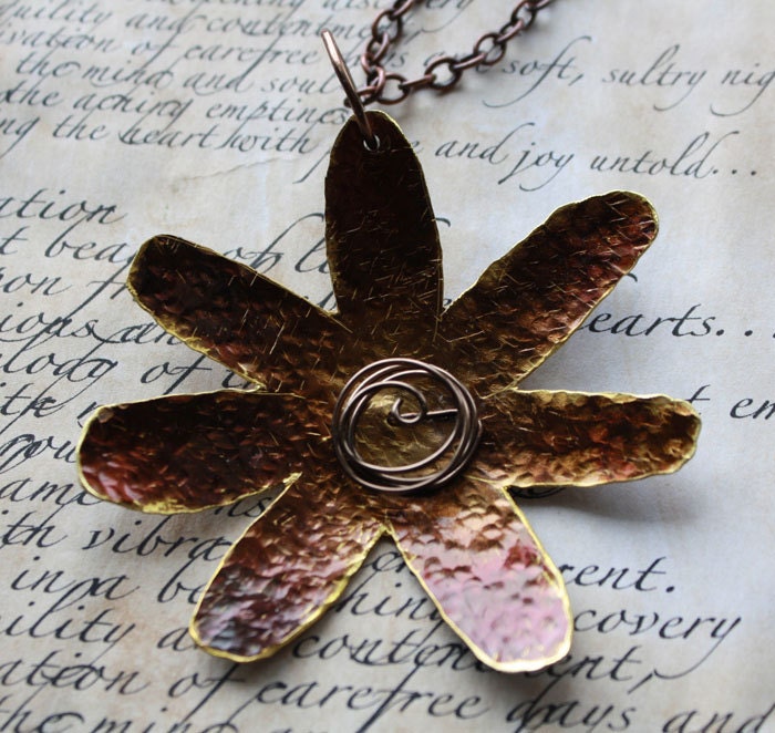 Flame Painted Brass Flower Pendant