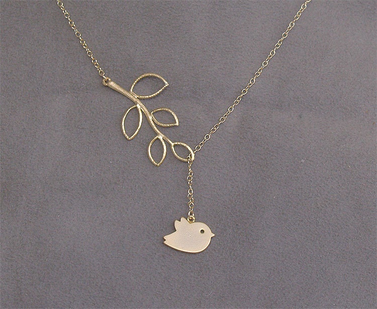 Gold Bird Necklace - Bird and Twig Necklace - Gold Lariat - Gold Filled Chain - Gifts - Sparrow Necklace - Bird Necklace, Nature