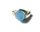 Ice Blue Ring, Silver Toned Copper Wire Wrapped Glass Bead, Custom Sizing, Made To Order