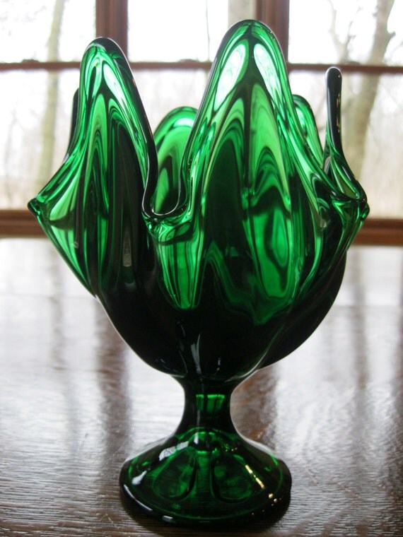 Art Glass Compote Vase Emerald Green by MenageAGlass on Etsy