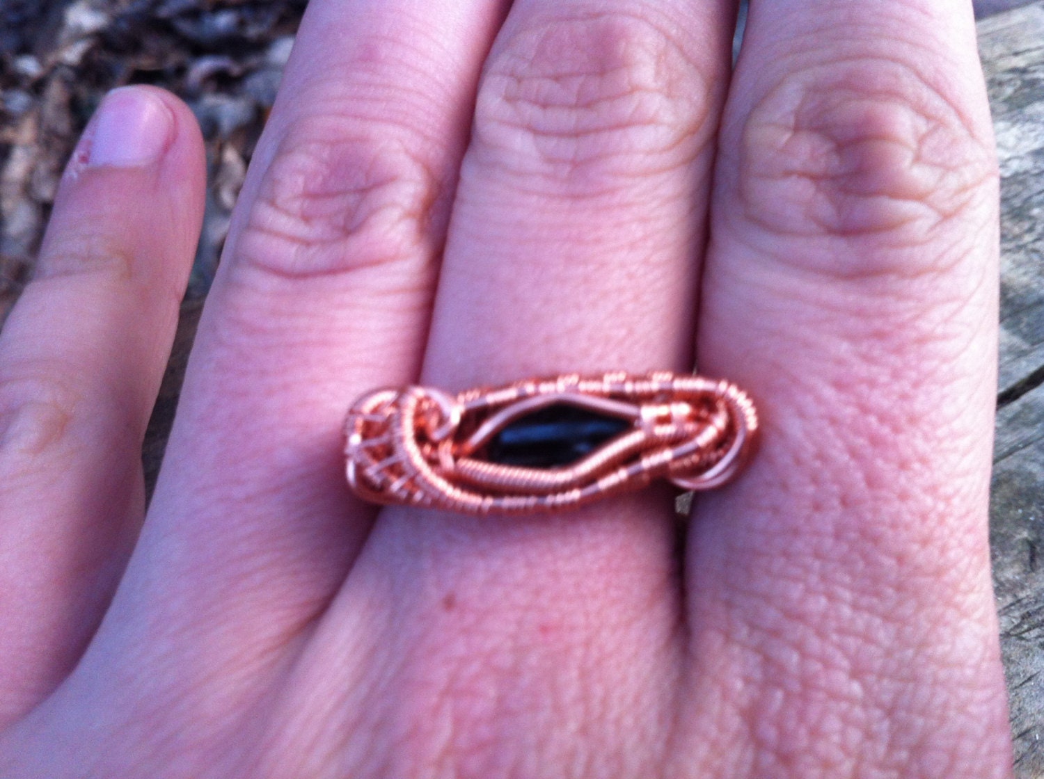 Black Tourmaline Non-tarnish Copper Wire Wrapped Ring - Size 6.75
