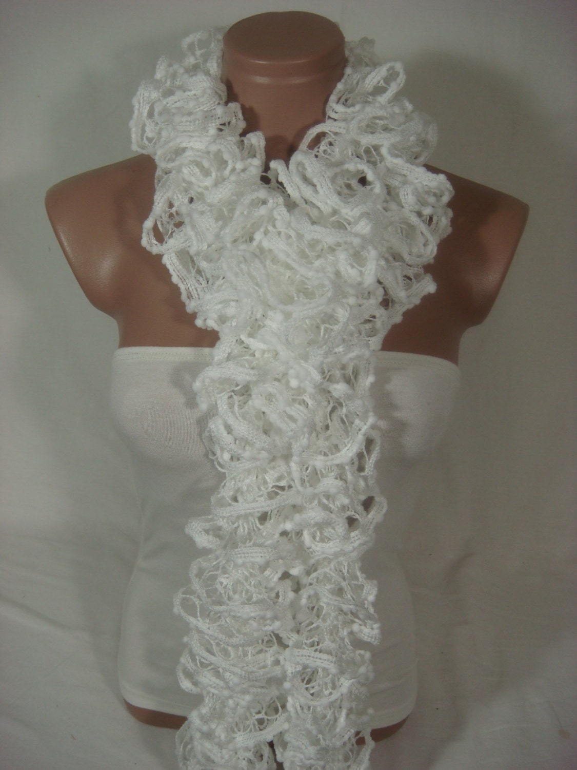 Hand Knitted White Ruffled Scarf by Arzu's Style