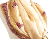 Medium Length Ivory and Pink Silk Sari Scarf, Silk Scarf, India Scarf, Paisley Scarf