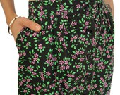 SALE Vintage Midi Skirt, Black, Cotton, Purple Flowers, Women's Clothing, Casual, Medium, Pockets, Knee Length