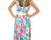 Vintage Hawaiian Maxi Dress, 1970s, Blue Pink Flowers, Cotton, Long Skirt, Bohemian, Sleeveless, Wedding, Medium, Summer Fashion, Feminine