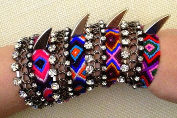 Hai- 1" wide hand-woven, friendship bracelet embellished with gunmetal crystal chain embellishment and shark claw spikes