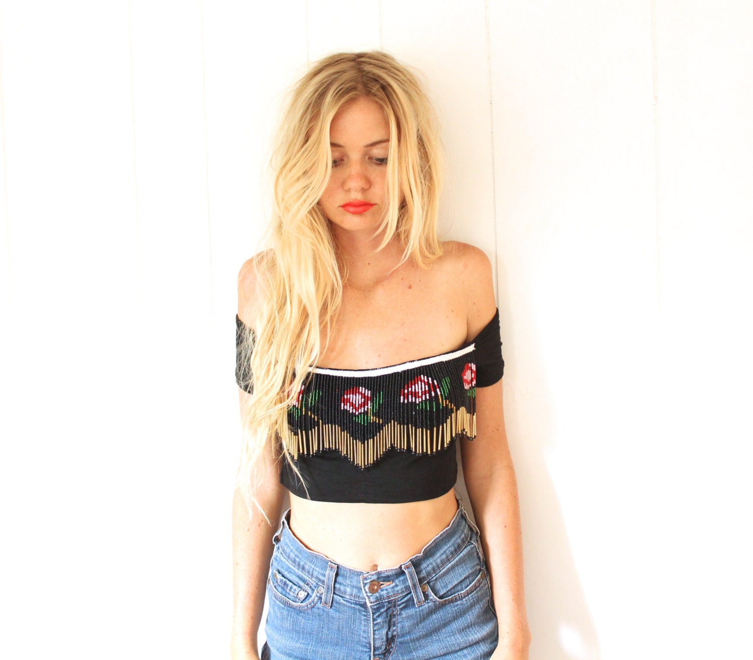 1970's Vintage Rose Fringe Off the Shoulder Top