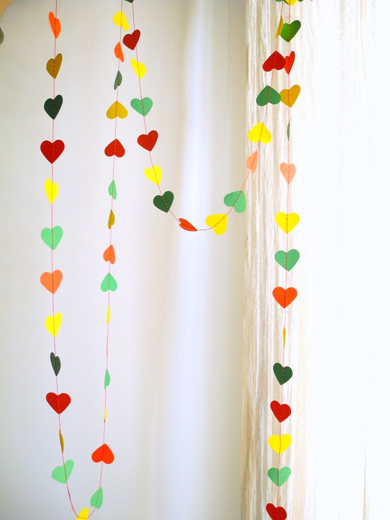 Rainbow party garland, Holiday red green yellow paper garland-red green yellow hearts party decoration-home decor- kids room decor