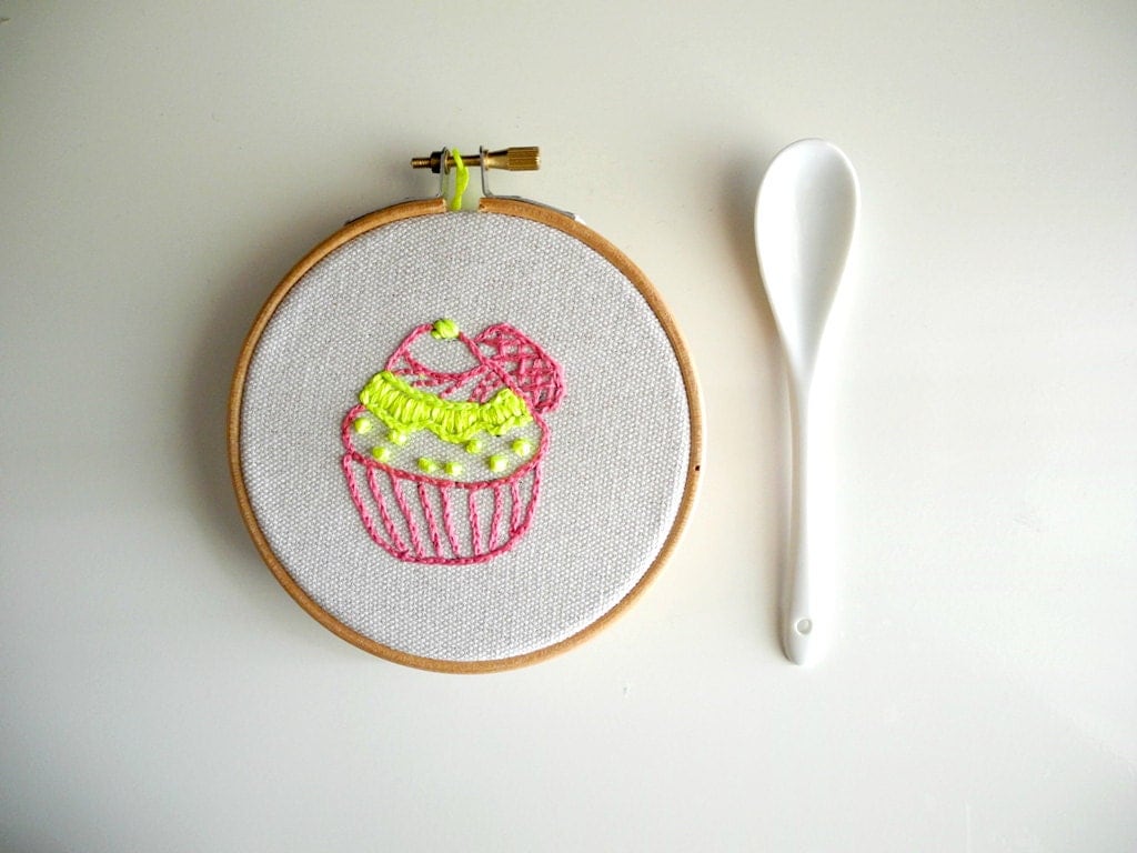 Neon cupcake ornament hand embroidery hoop wall by HoopsyDaisies