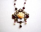 Vintage Style Bronze Filigree Necklace, Flower & Wine Garnet Jewelry, Beaded Necklace, Weddings, Deep Red, Free Shipping to EU, US, CAN