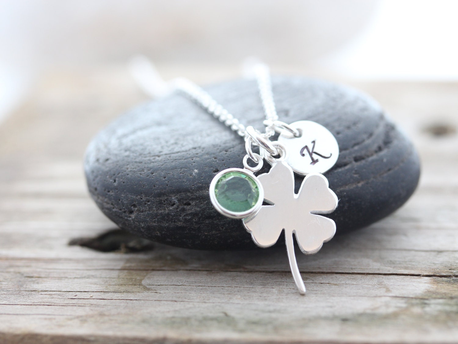 STERLING Silver Clover Necklace personalized with Birthstone-SHAMROCK, Four Leaf Necklace, Good luck Irish jewelry, Gift ideas