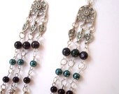 Long Chandelier Earrings with Tibetan Silver & Glass Beads, Sterling Silver Ear Wires, Gothic, Gypsy, Hippie Fashion