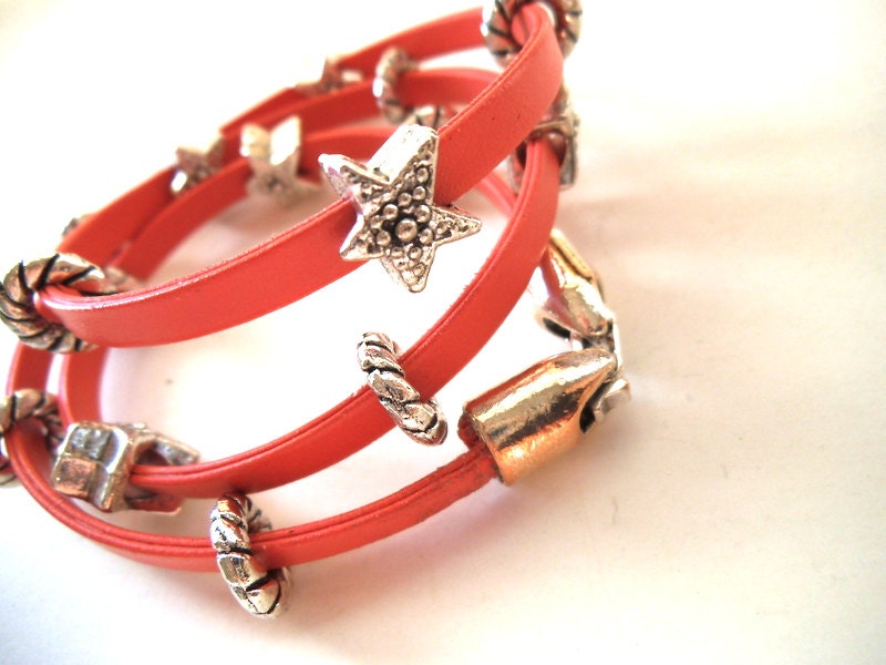 Eco-Friendly Faux Leather Triple Wrap Bracelet with Silver Stars, Vegan, Mother's Day Gift