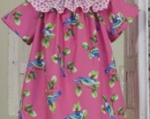 Girls Dress Pink Dots Blue Birds, Portraits, Wedding, Spring, Church. Custom Available.