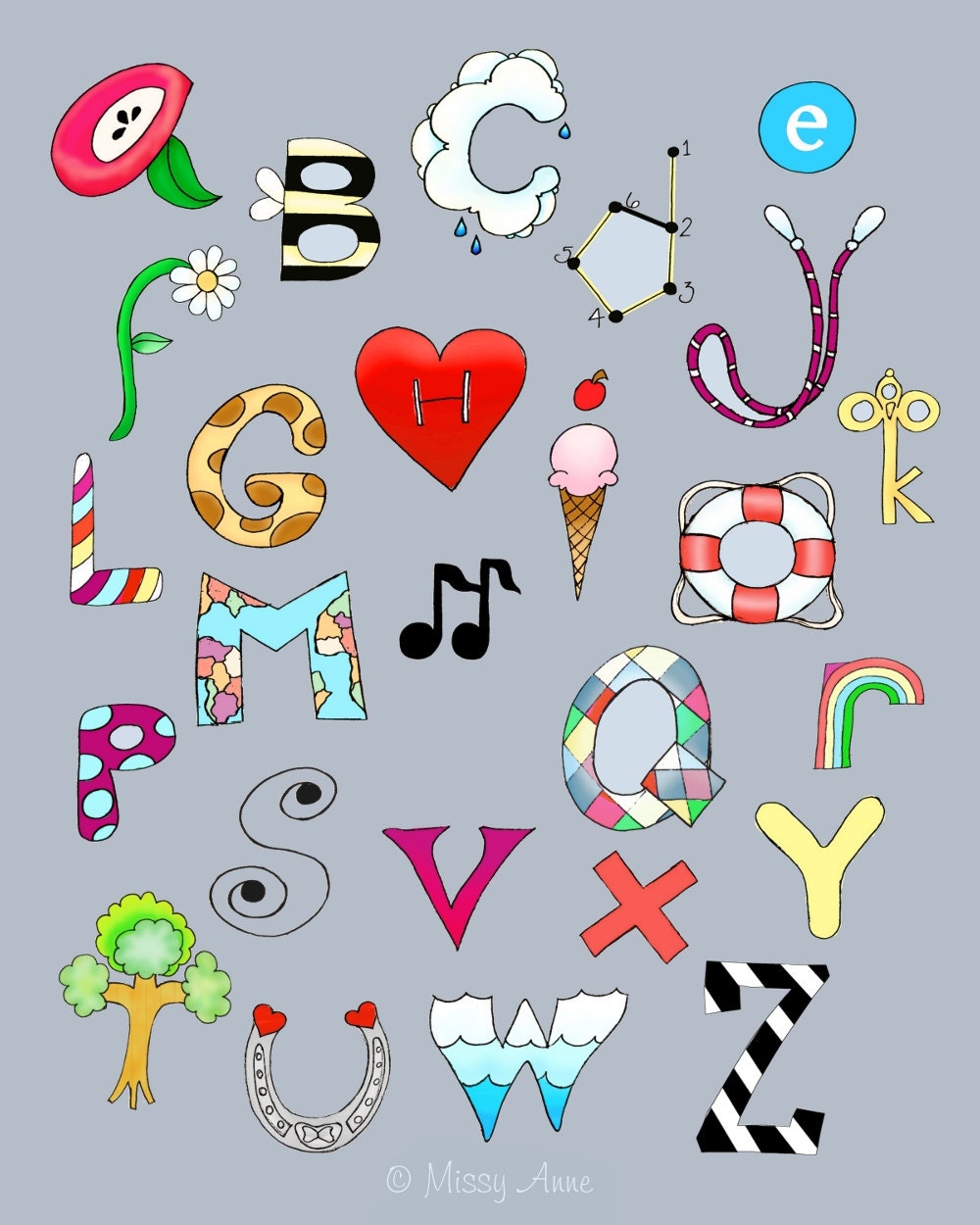 Grey Alphabet poster, kids wall art, nursery art, children decor, abc poster (16x20)