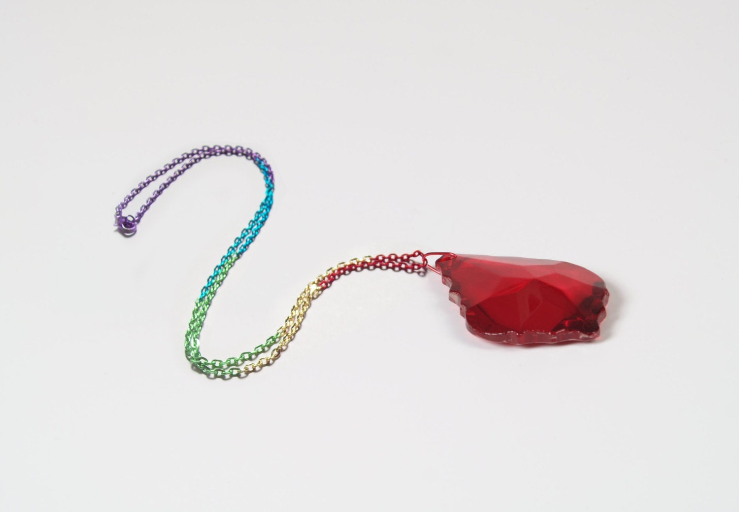 GAY PRIDE Red Crystal Pendant Necklace w/ Rainbow Color Chain French Cut