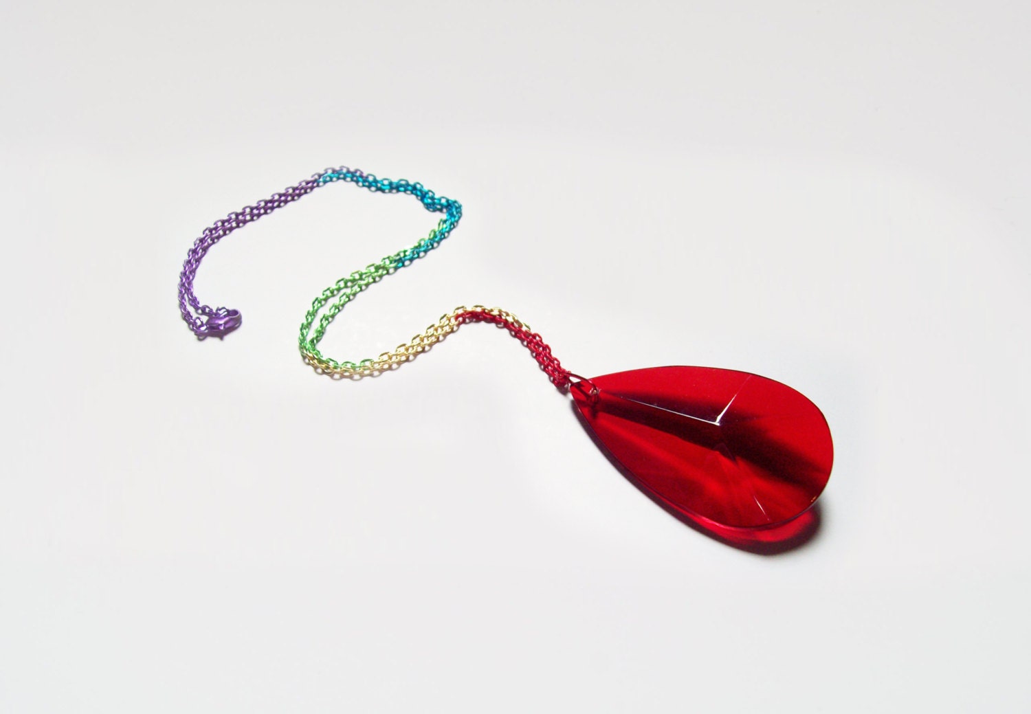 Red Crystal Pendant Necklace w/ Rainbow Color Chain Oval Cut GAY PRIDE