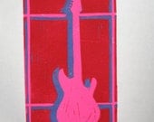 Pink Electric Guitar single-block reduction linocut print