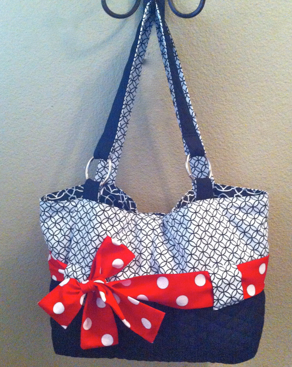 Black, White & Red Diaper Bag With Interchangeable Sash.  Name Embroidered on the Front for Free.
