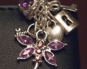 Purple Dragonfly, Lock, Key, Heart and Ring AUX charm