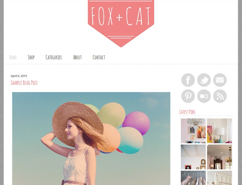 Premade Blogger Template Design - Fox and Cat Theme - grey textured background, coral banner