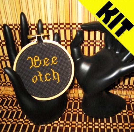 KIT Funny Cross Stitch Beeotch Threezle 3-Inch Hoop Rude Humorous Bitch Collectible Subversive DIY PDF Original