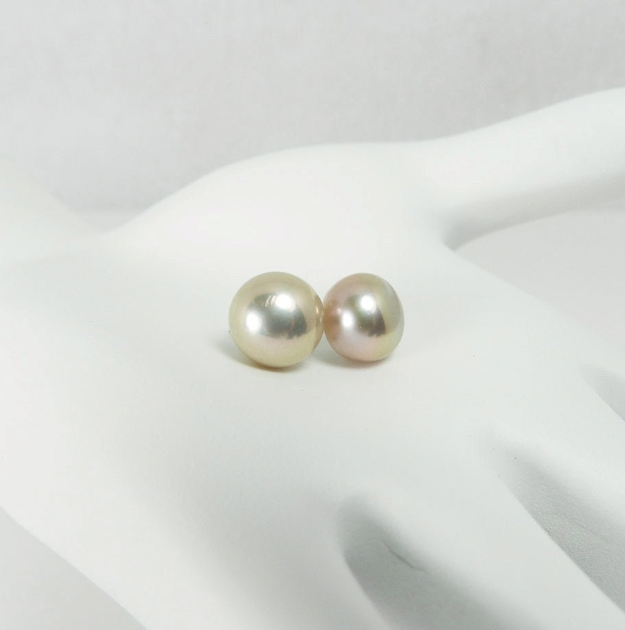 Blush Pearl Stud Earrings - Peach Pink Pearl Earrings on Sterling Silver Posts