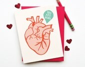 You Are Here Card anatomical heart illustration drawing i love you thinking of you condolences stationery hand lettered pink red teal