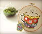 EMBROIDERED TEACUP ART - Colorful, mirror freehand embroidery hoop wall art