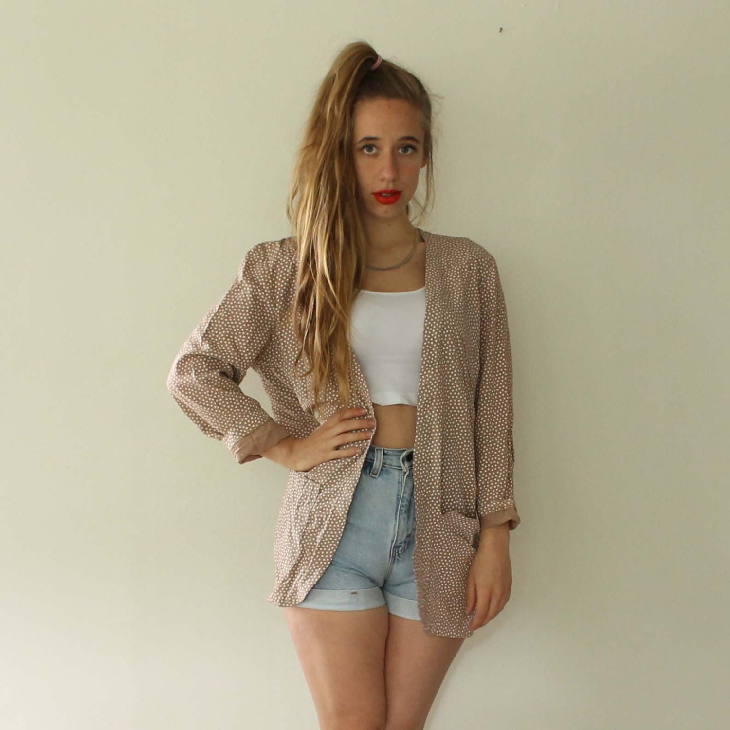 Vintage 90s Peach Polka Dot Blazer Jacket // Dotted Tan // White