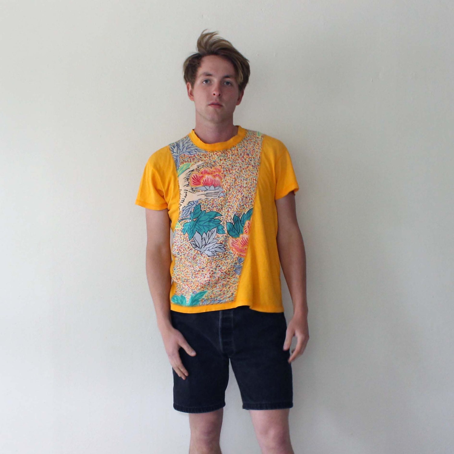 Yellow Psychedelic Spring Tee // Colorfully Patterned 90s Shirt