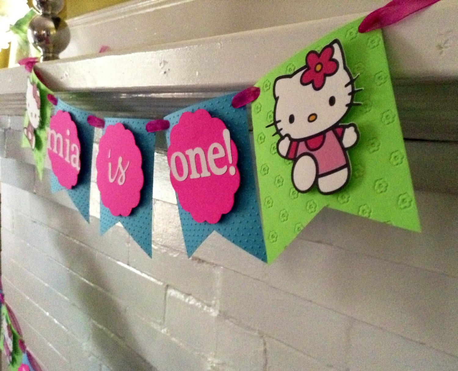 Pink and Turquiose High Chair Birthday Banner, Hello Kitty