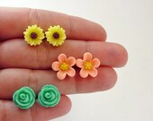 Flower Earrings Stud Set / Sunflower, Rose, Plumeria / Mint Green Yelow Peach / Resin Floral Posts / Surgical Steel