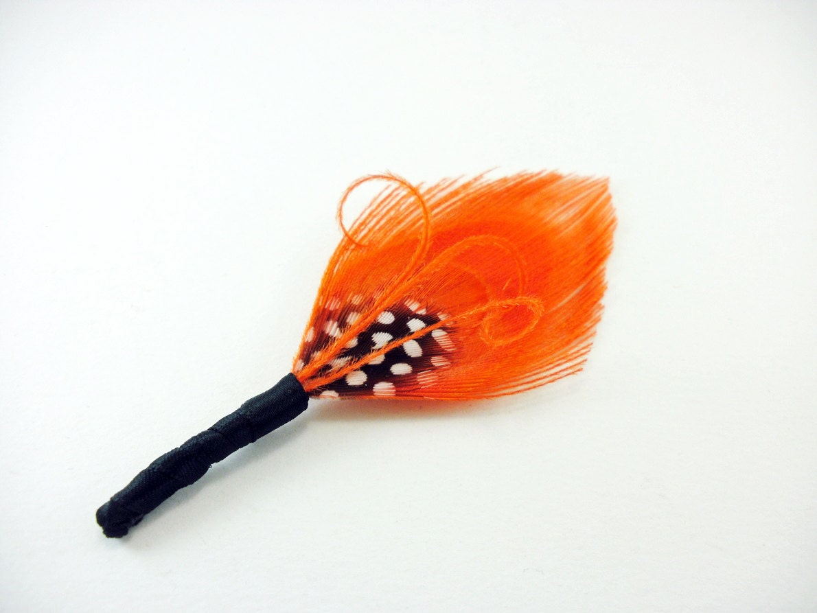 Orange Peacock Feather Boutonniere / Lapel Pin / Groomsmen / Fall / Peacock Wedding