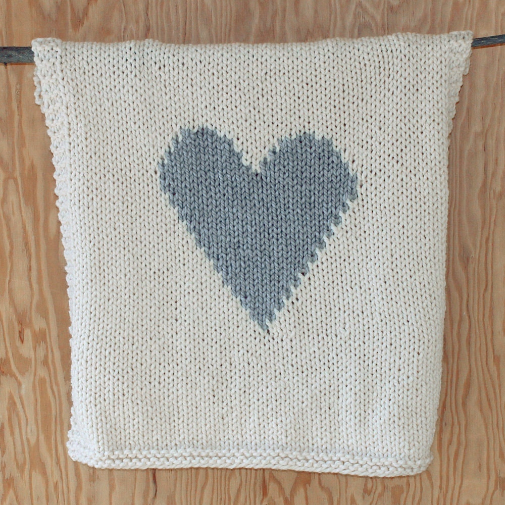 Knitted Grey Heart Baby Blanket for Bassinet, Stroller, Car Seat, or Lap