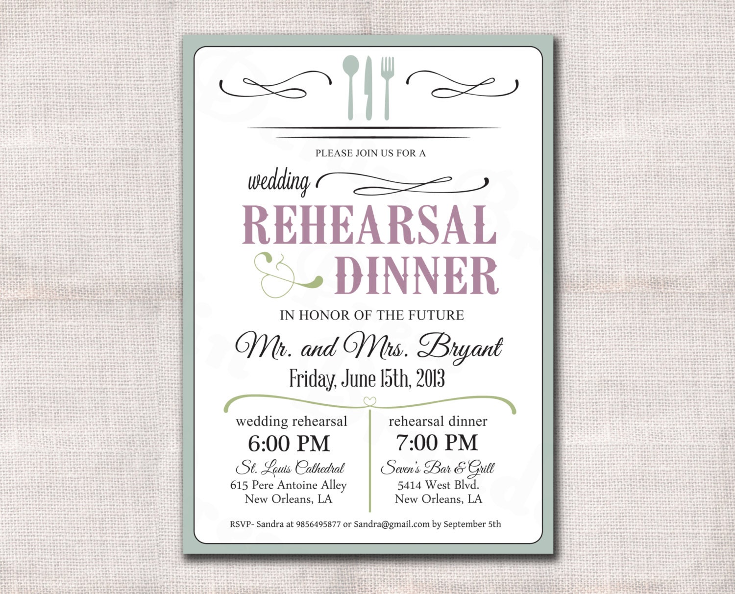 Wedding Rehearsal and Dinner invitation custom printable 5x7