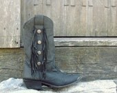 Black Fringe Cowboy Boots / Leather Fringe Boots / Western Boots / Silver Studded Boots / Steel Toe Boots / Size 7 Boots
