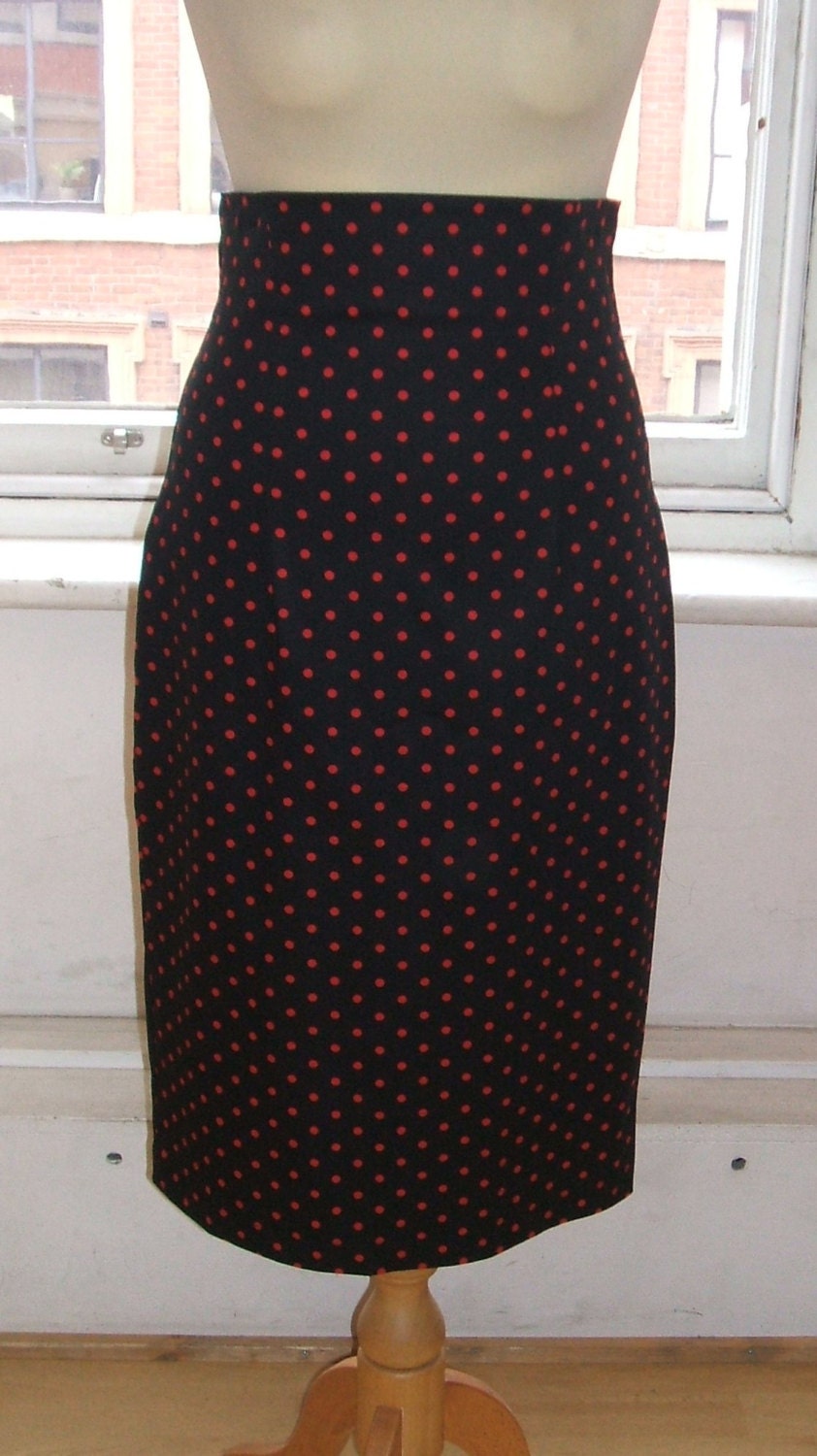 Baylis & Knight Black Red Polka LOLA High Waisted Wiggle Pencil Skirt Dita Burlesque Pin Up 50's Rockabilly