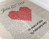 Anniversary Print Cross Stitch Heart, Hand Embroidered, Upcycled Dictionary Page Vintage Book, Red Love Art, Hand Stitched, Eco Wedding Gift