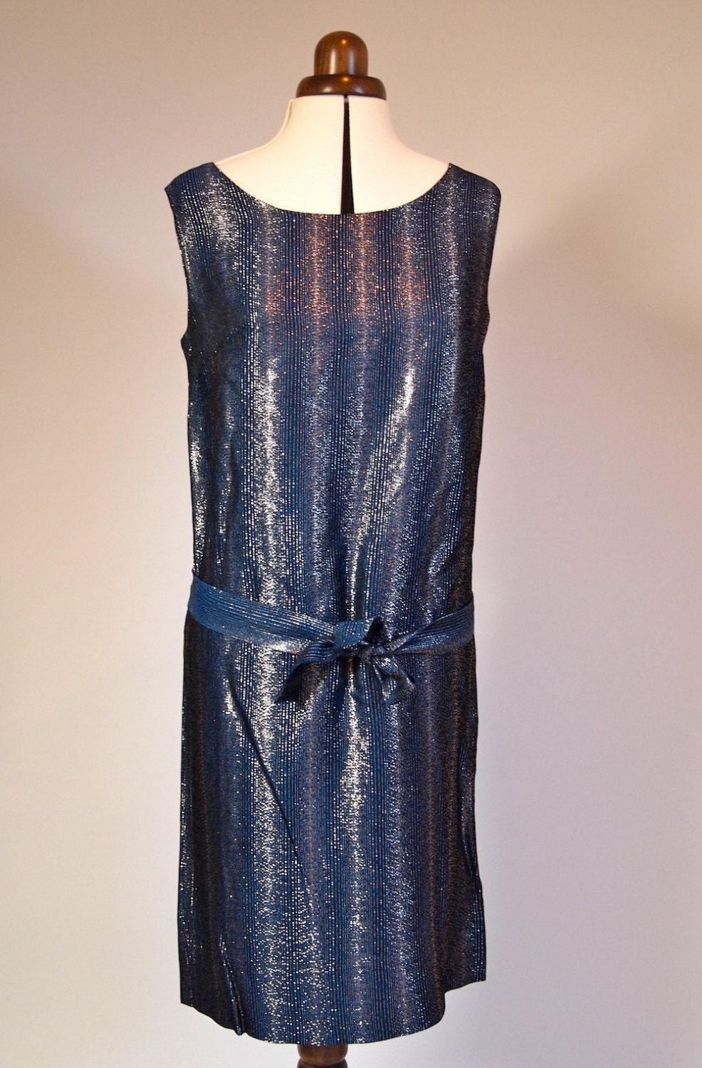Vintage 1960s royal blue and metallic silver thread lurex shift dress with belt