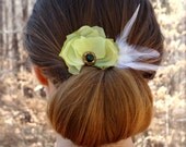 Green Hydrangea 1920's Hair Accessory, Spring Wedding Feather Flower Hair Clip, Small Vintage Bridal Fascinator - "Green Eyes Don't Lie"