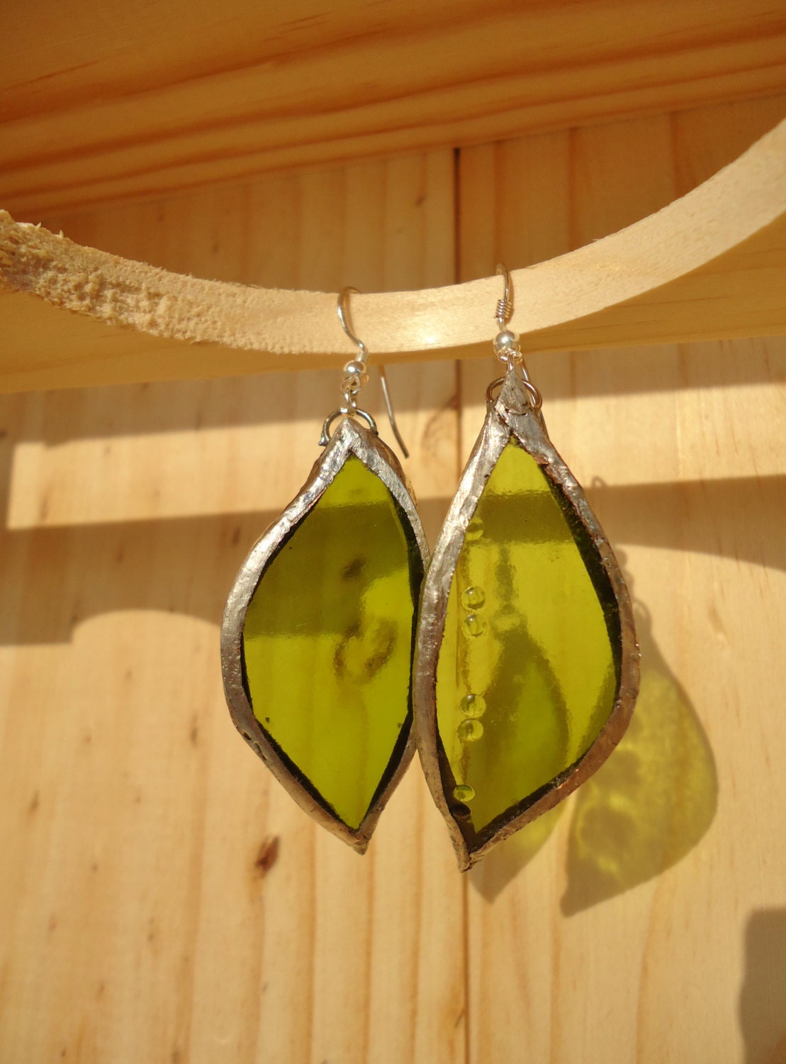 Wine Bottle Stained Glass Green Leaf  Earrings