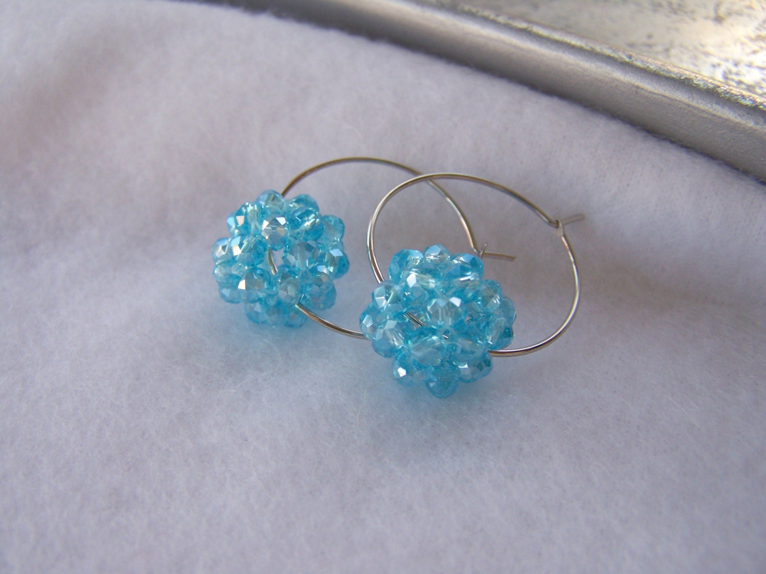Aqua Blue Beaded Cluster Hoop Earrings - Handmade Jewelry - Ready to Ship