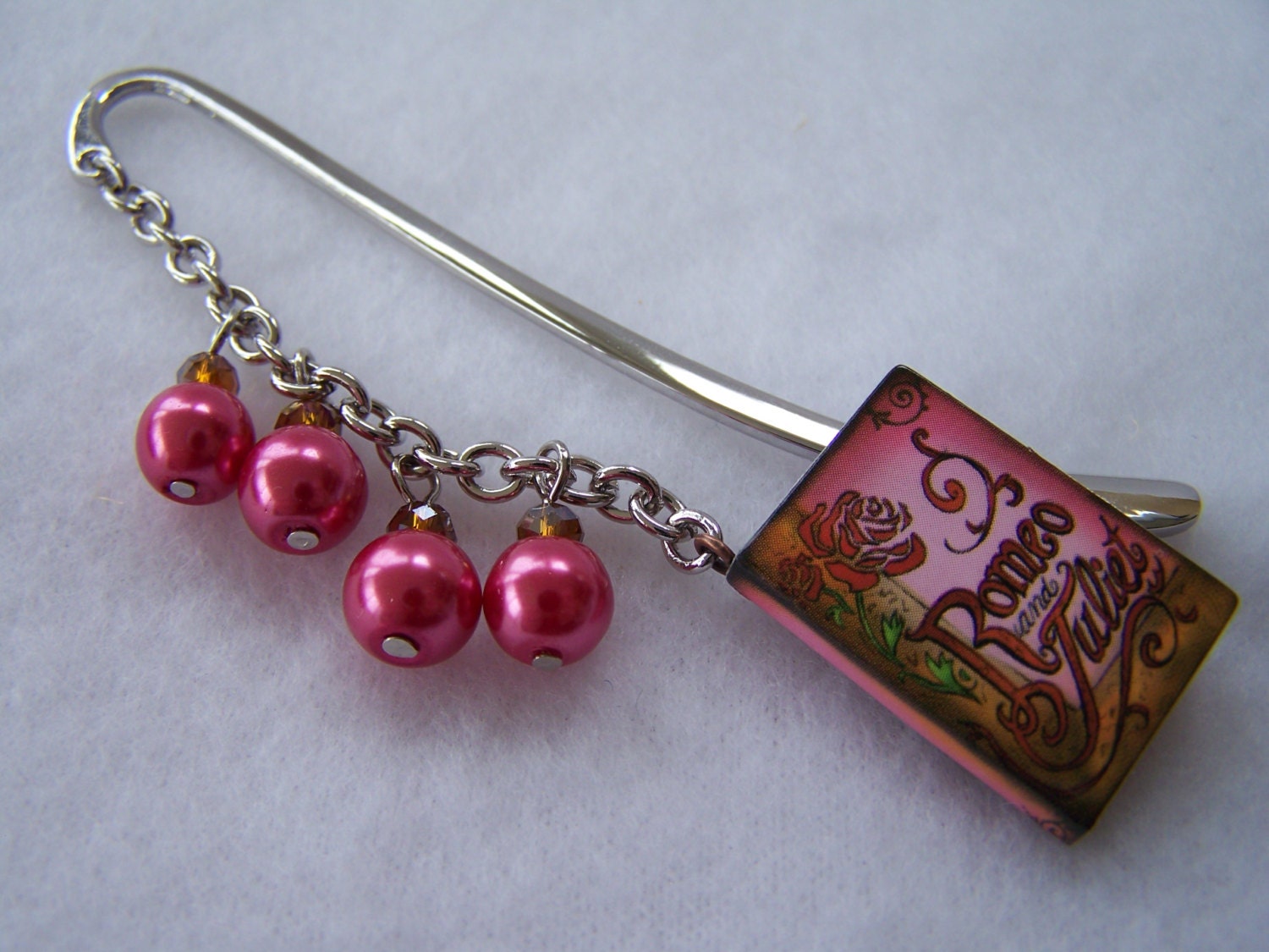 Coral and Brown Romeo and Juliet Beaded Bookmark with Book Charm - Handmade Bookmark - Ready to Ship