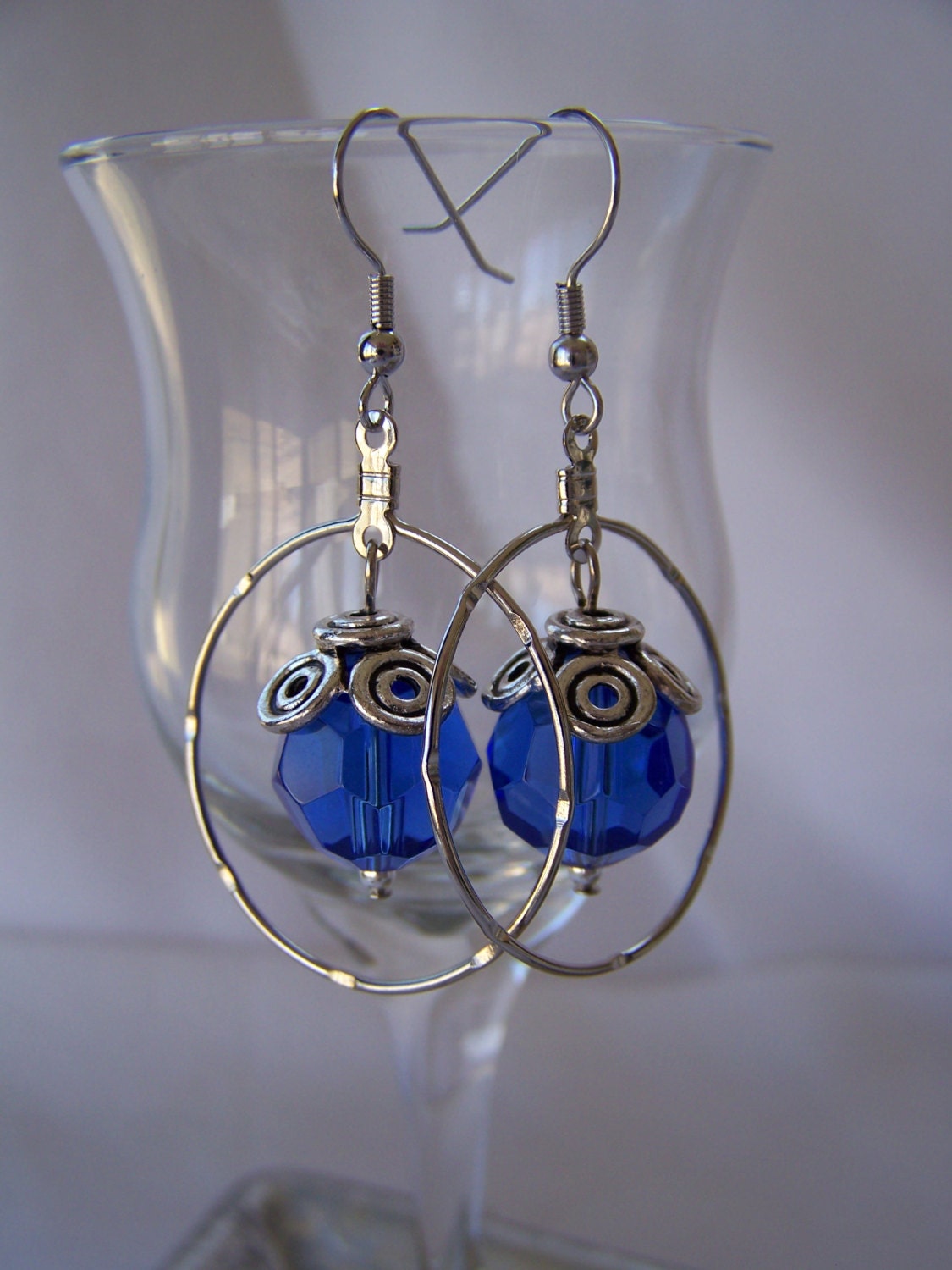Royal Blue and Silver Dangling Beaded Circle Earrings - Handmade Jewelry - Big Earrings - Modern Earrings - Ready to Ship